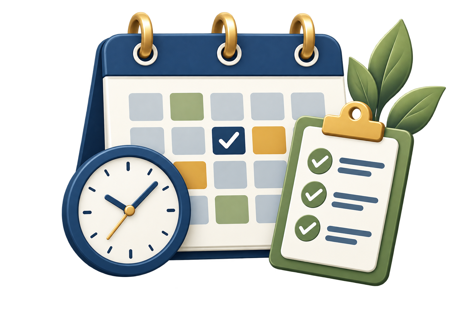 Illustration of a calendar with check marks, a clock showing around 10:10, and a clipboard with a checklist, surrounded by green leaves.
