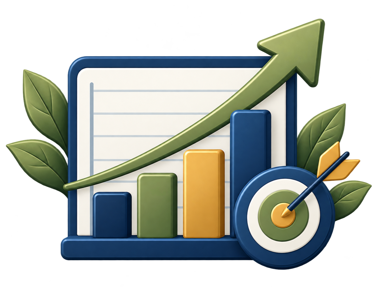 A colorful illustration of a growth chart with a bar graph, an upward arrow, and a target with arrows, surrounded by green leaves.