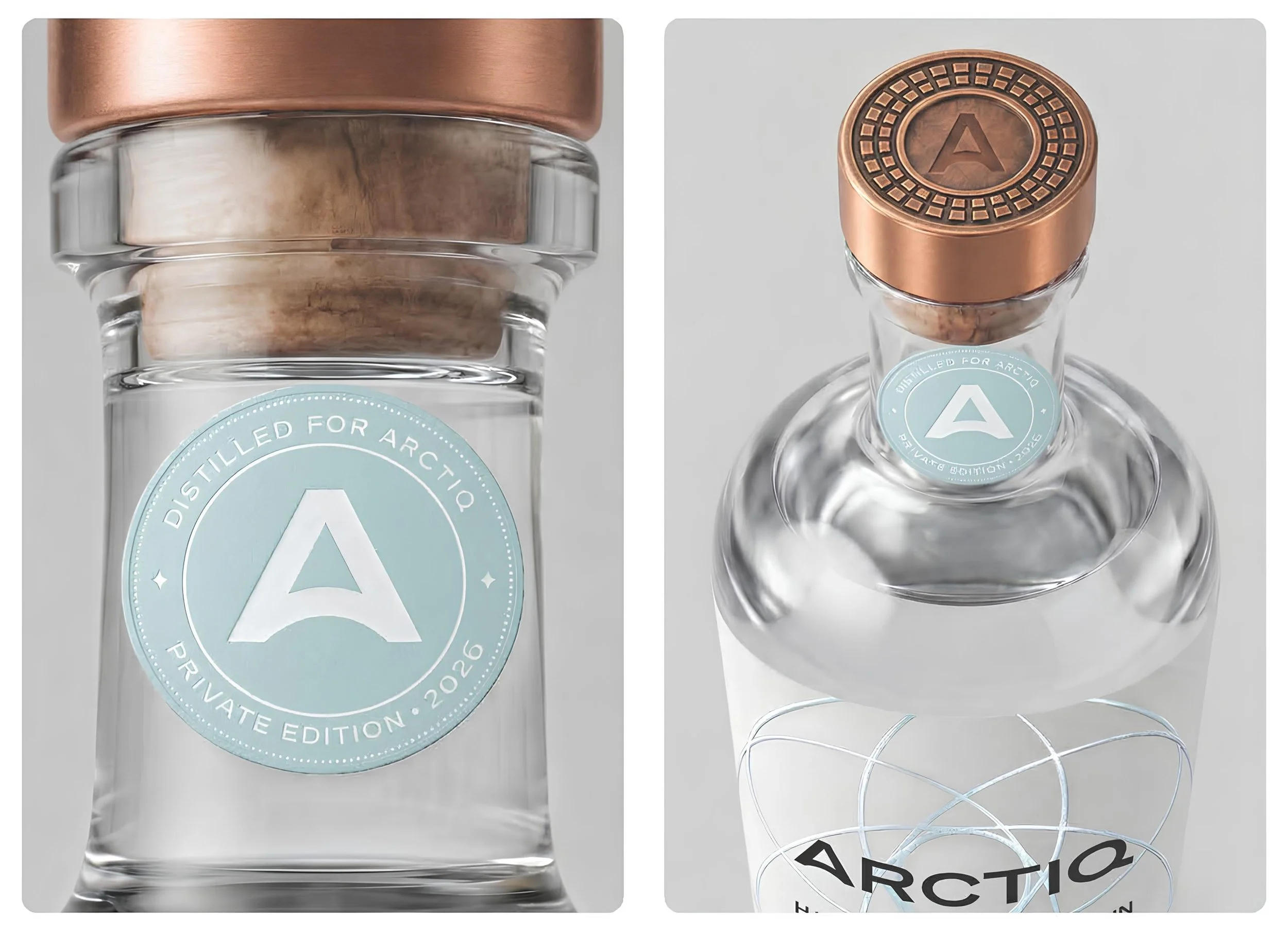Arctiq Private Edition bottle details by Pheiffer — a pale blue neck seal with the A monogram, alongside the embossed copper cap and clear glass bottle.