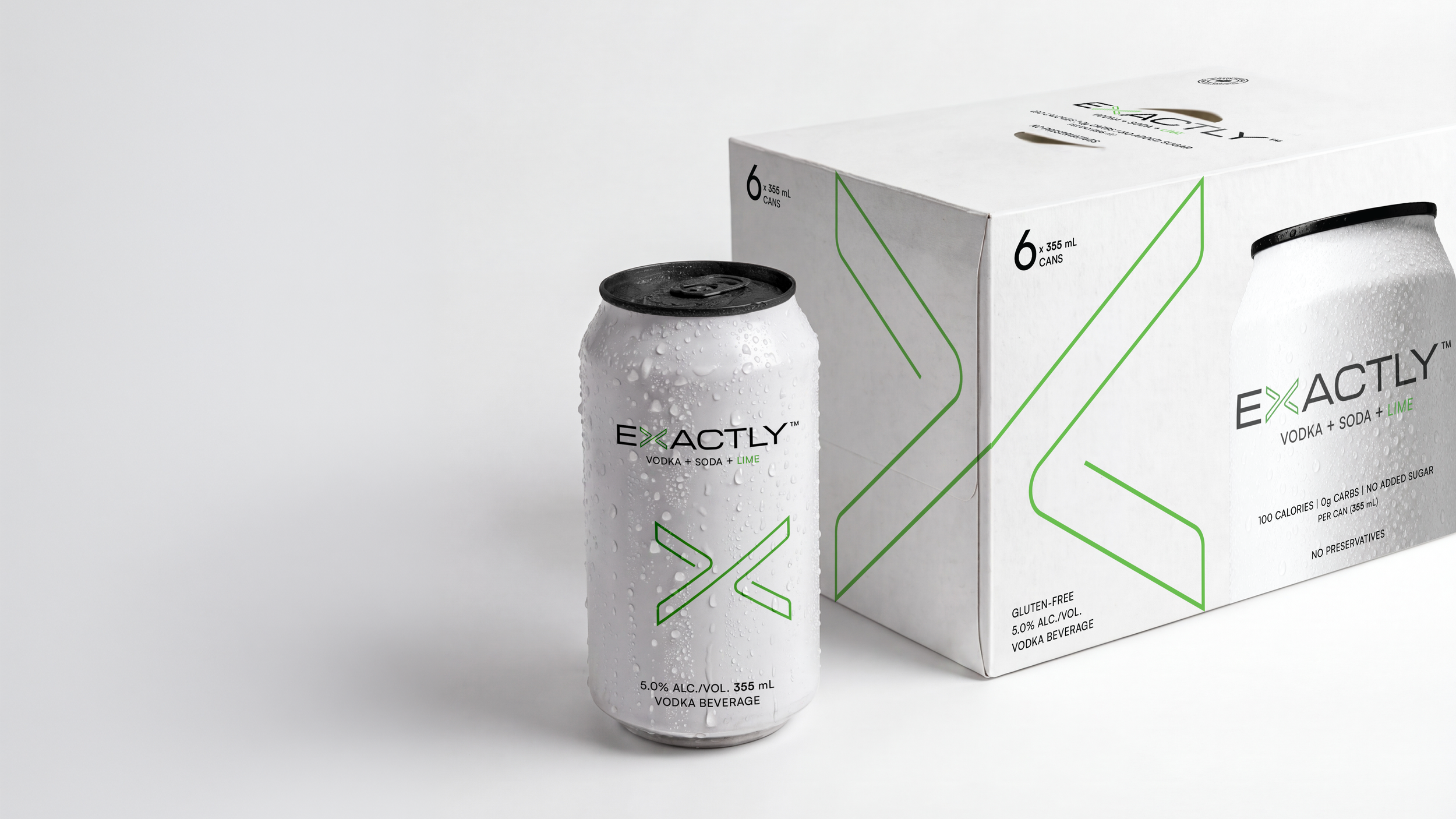 Exactly Vodka Soda lime can and six-pack carton by Pheiffer, with the Connected Form X mark in green.