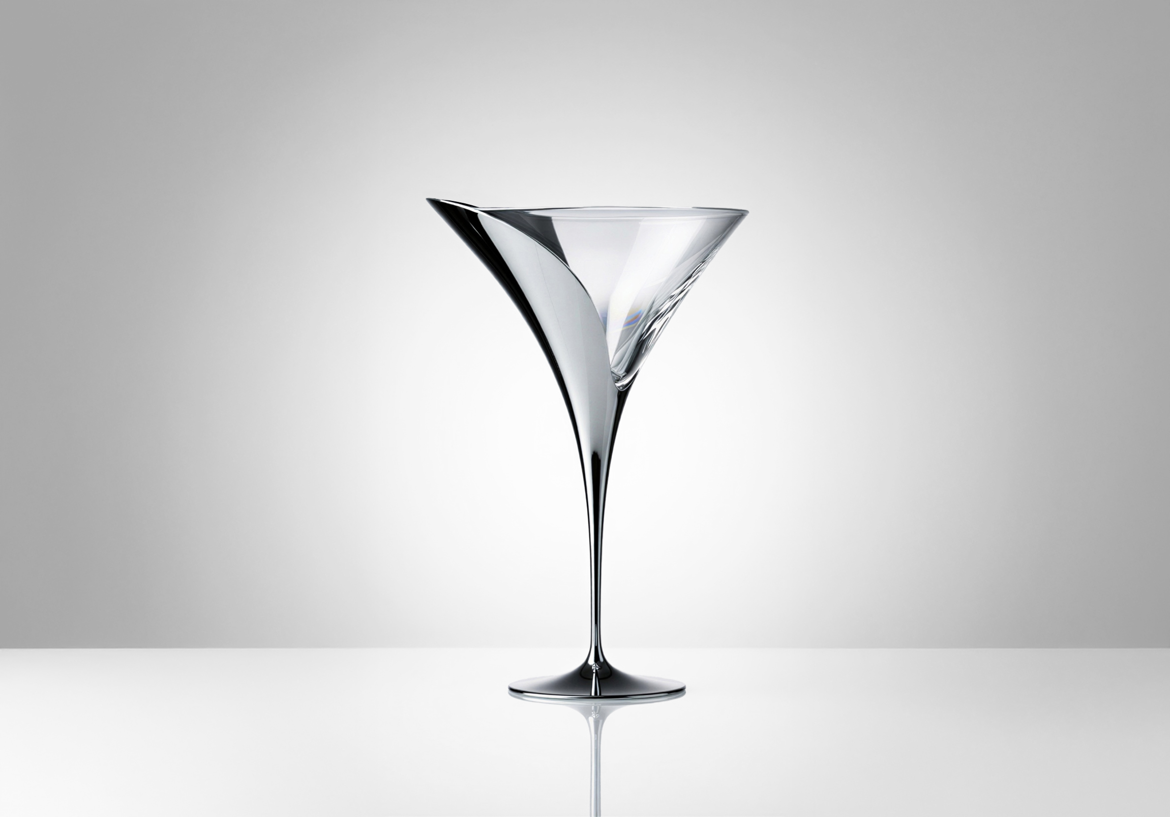 Close-up of the Tulip Martini glass by Pheiffer, showing the polished chrome bowl and the curve where it meets the stem.