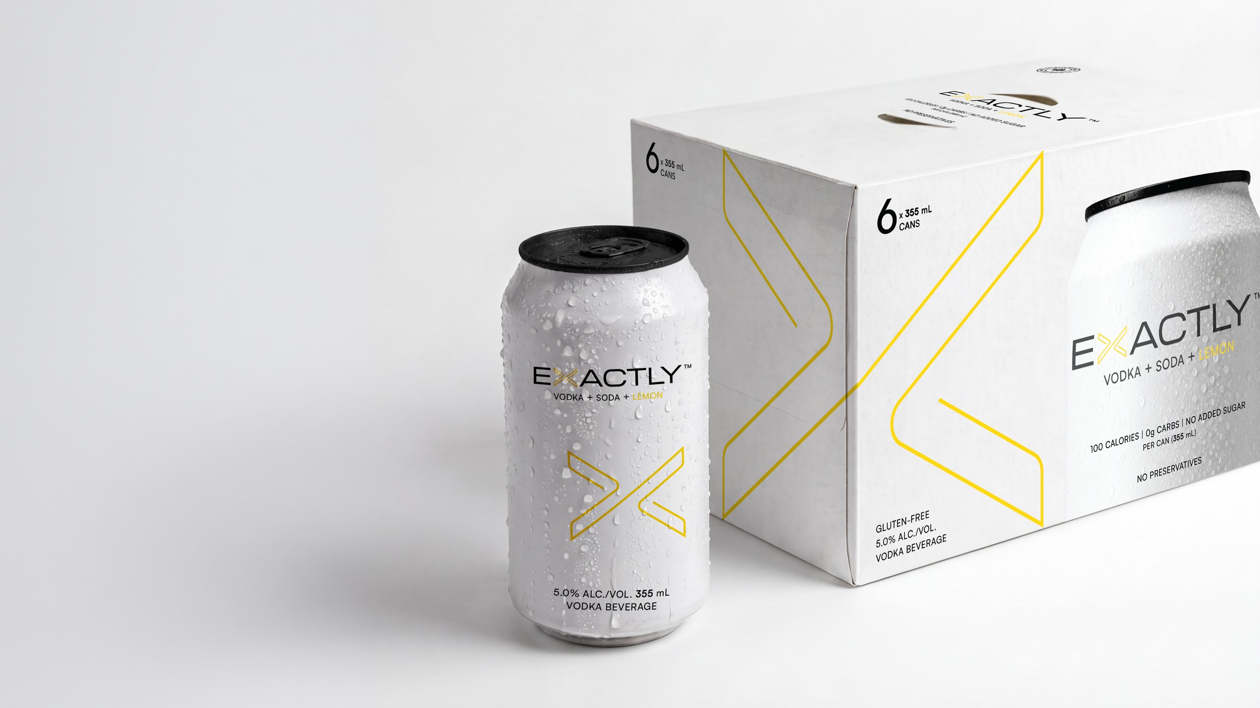 Exactly Vodka Soda lemon can and six-pack carton, showing the white packaging with the gold Connected Form X mark, designed by Pheiffer.