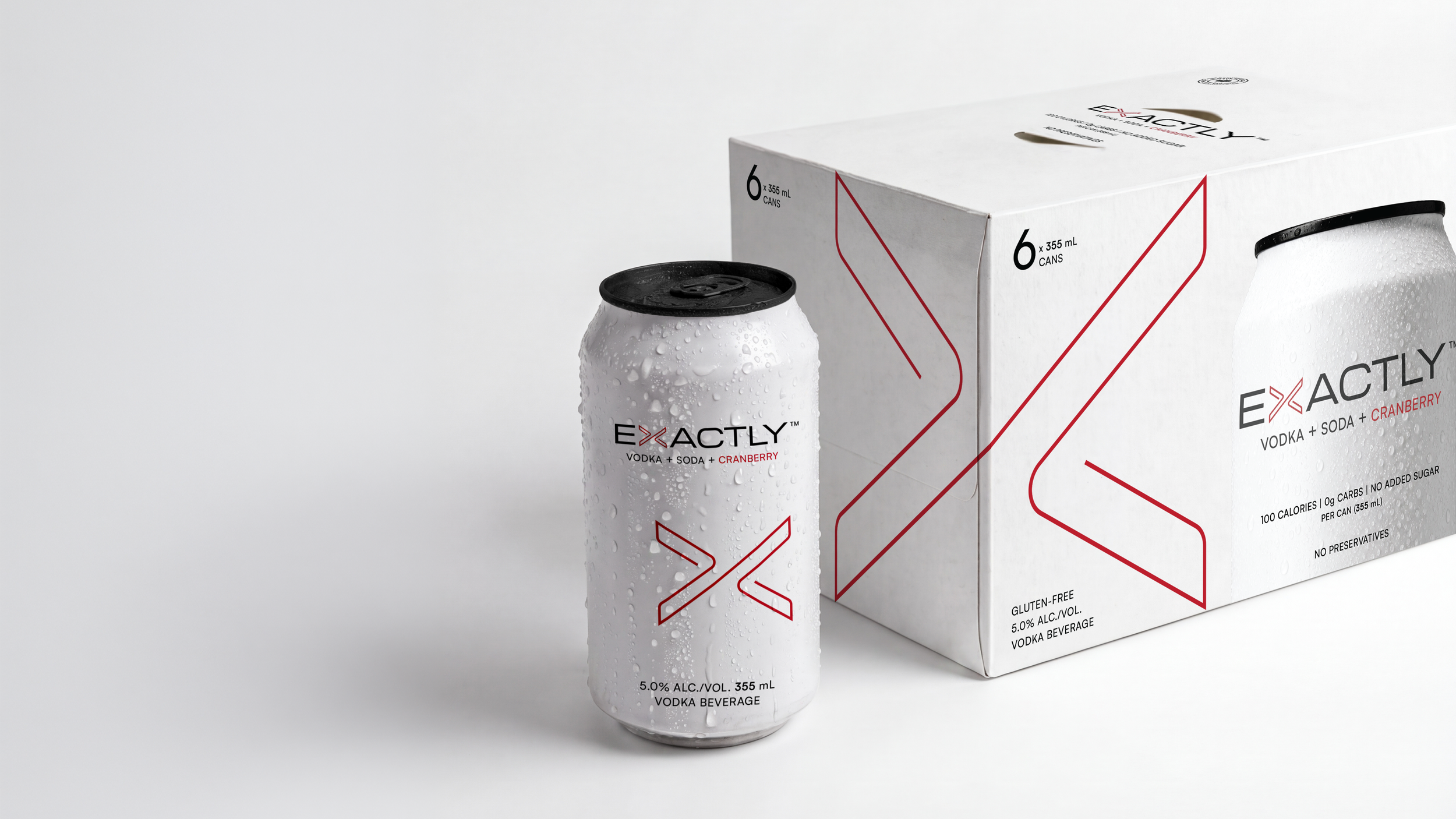 Exactly Vodka Soda cranberry can beside its six-pack carton, with the Connected Form X mark in red across both, designed by Pheiffer.