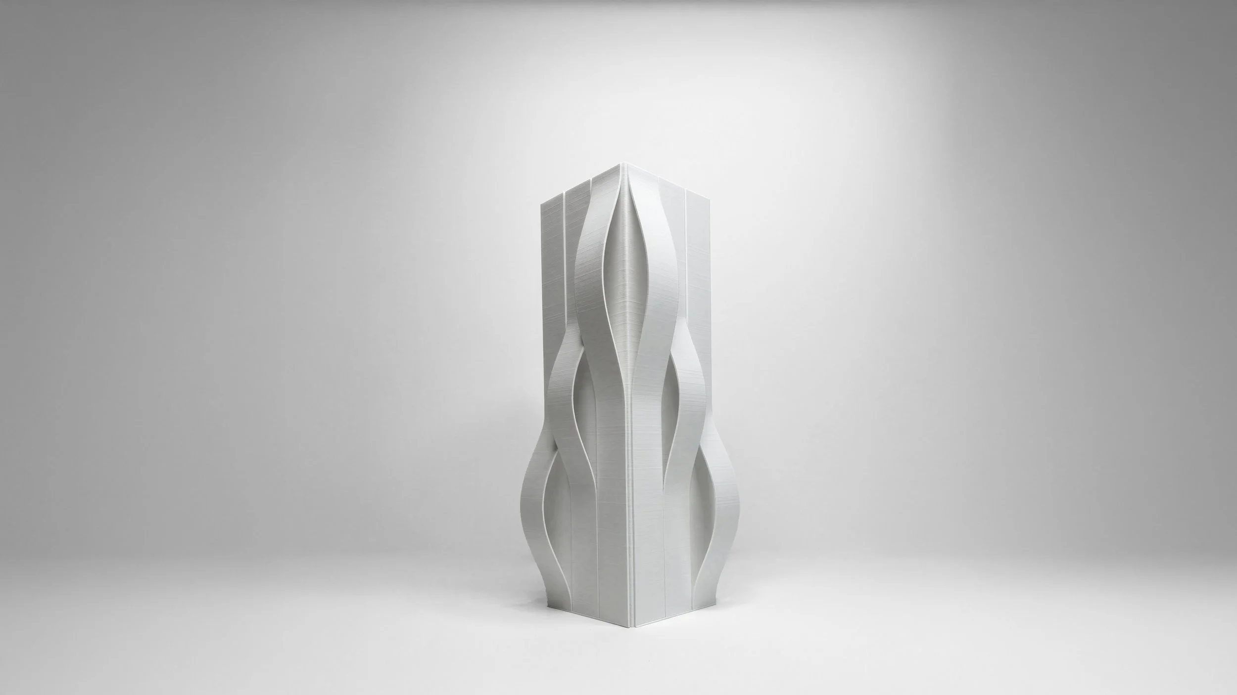 3D printed prototype of the Victoire bottle form by Pheiffer — a white resin study showing the sculpted rib profile with visible print layer lines.