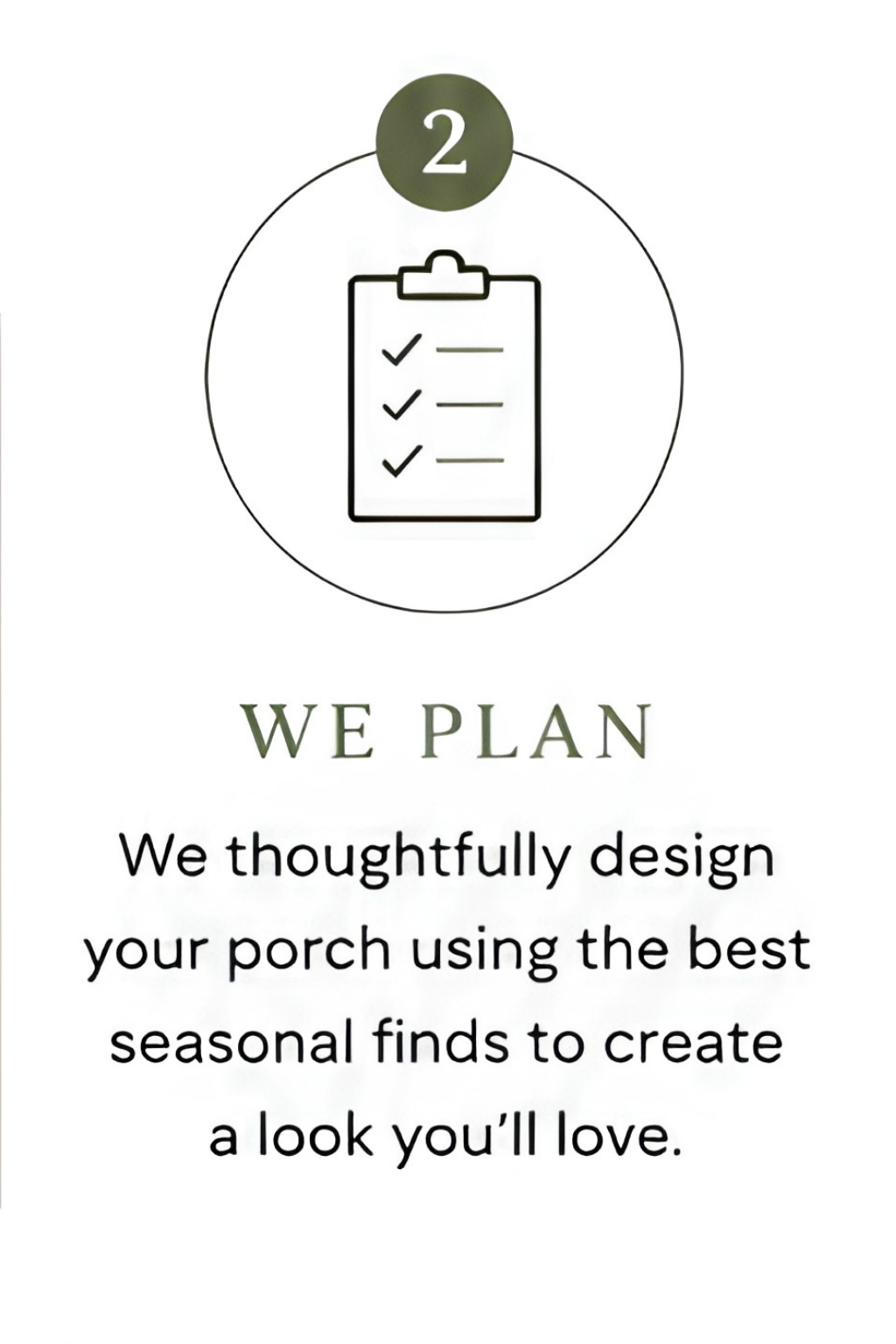 A logo with a checklist icon and the text 'WE PLAN' above a description about designing porches using seasonal finds.