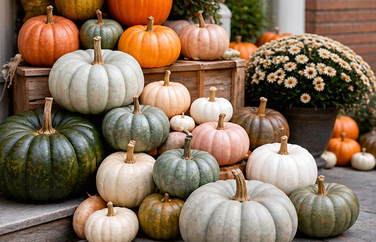 A display of various pumpkins and gourds in different colors and sizes arranged on steps and a wooden surface, with a pot of white daisies in the background.