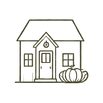 Line drawing of a small house with a front door, two windows, a gabled roof, and a wreath on the door, with a stone path leading to the entrance.