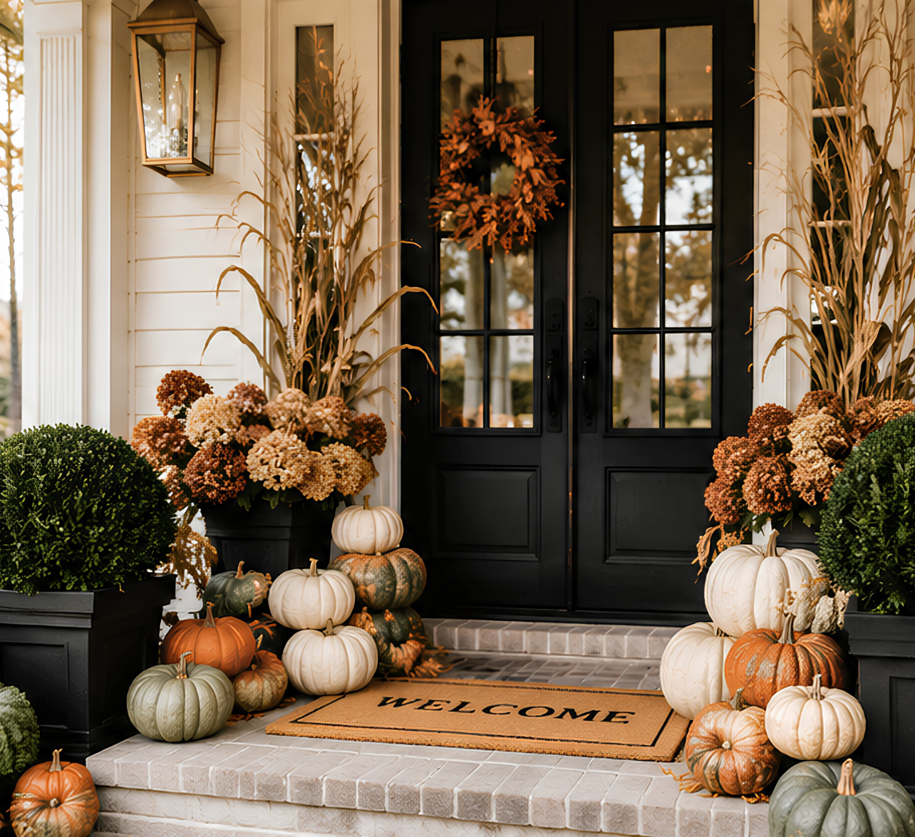 Decorated front porch with pumpkins, mums, and fall plants, black double doors with a wreath, and a welcome mat.