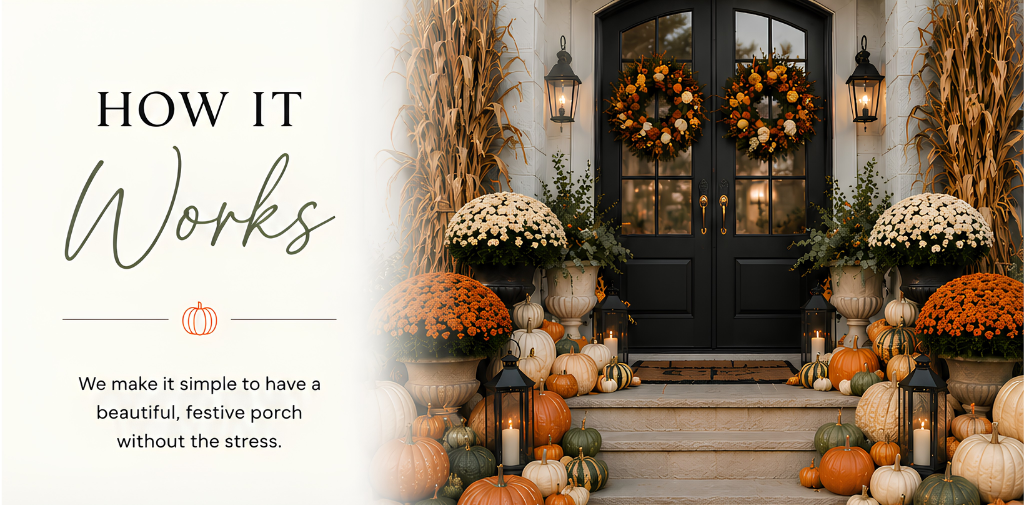 Decorated porch with black double doors, autumn wreaths, pumpkins, lanterns, and fall foliage for fall or Thanksgiving celebration.