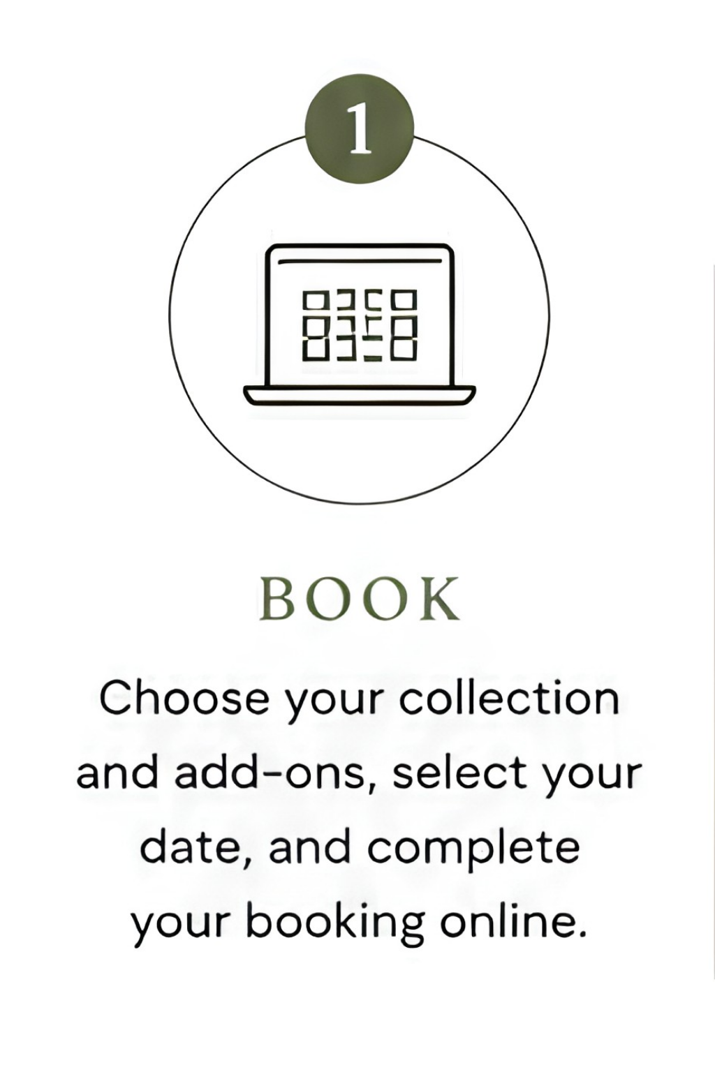 A promotional graphic for booking a stay using a digital device, with a laptop illustration and text about choosing a collection, add-ons, date, and completing a booking online.