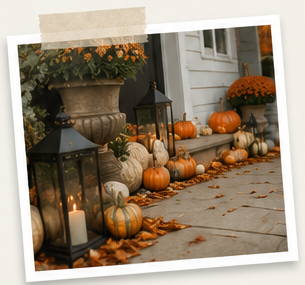 Autumn display with pumpkins, lanterns, and fall foliage outside a house.