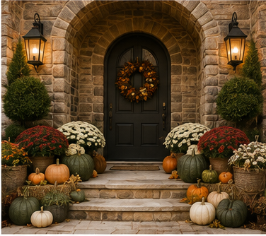 Stone front door decorated for fall with a wreath, pumpkins, and potted mums, lit by two wall-mounted lanterns.