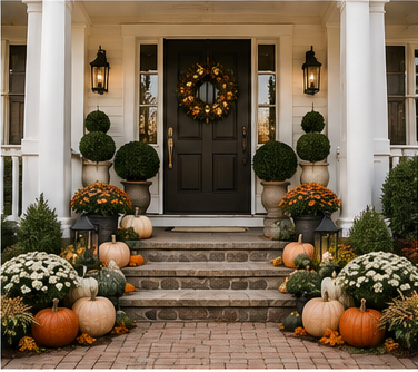 Front porch decorated for fall with pumpkins, potted mums, and autumn foliage, black door with a festive wreath, flanked by lantern-style light fixtures and potted topiary plants.