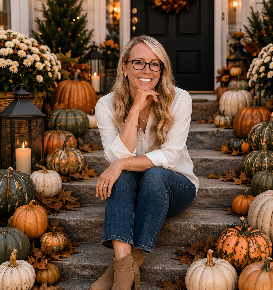 A woman with long blonde hair, glasses, and a white blouse sitting on stone steps decorated with orange, white, and green pumpkins, fall leaves, and candles, smiling at the camera outside a house decorated for autumn.