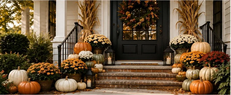 Fall decorating on porch with pumpkins, mums, lanterns, wheat stalks, and a wreath on the door.