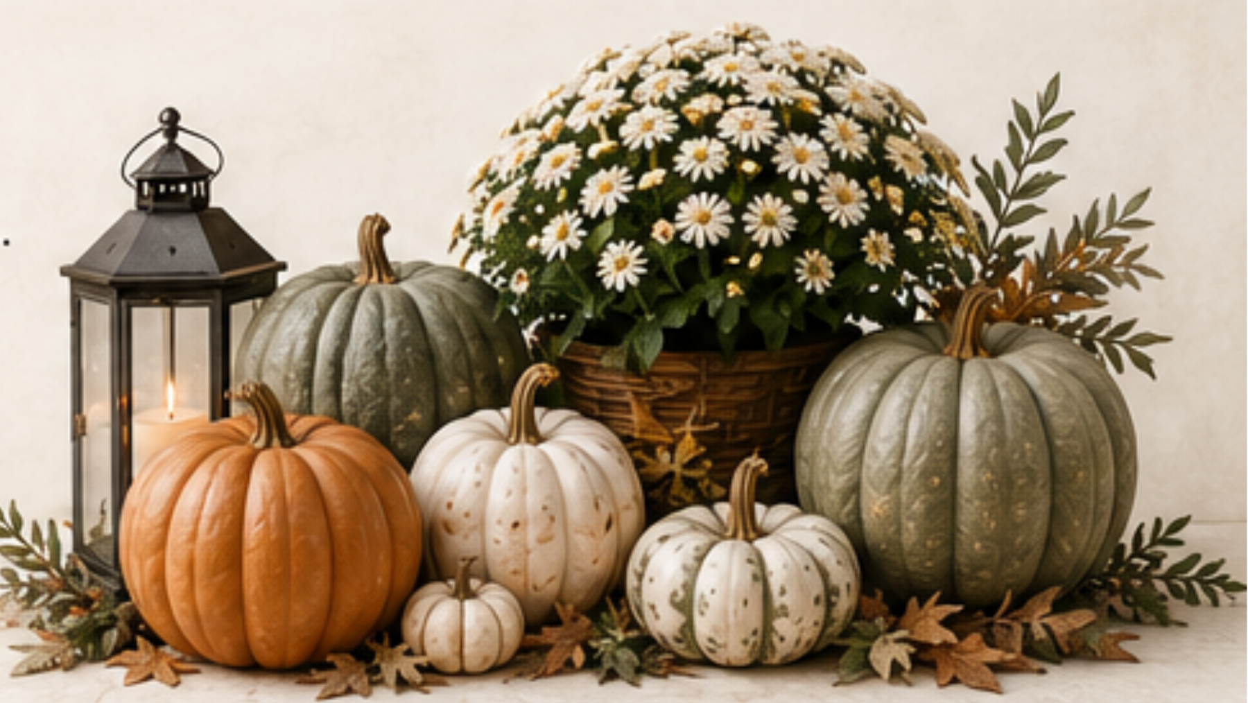 Decorative autumn display with pumpkins, a lantern, a basket of daisies, and fall leaves.