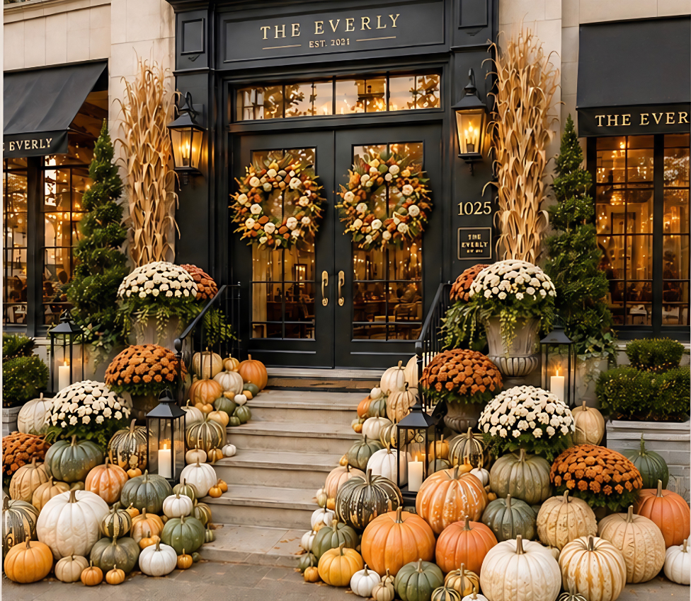 Decorative fall display with pumpkins, mums, lanterns, and dried cornstalks outside a restaurant called The Everly.