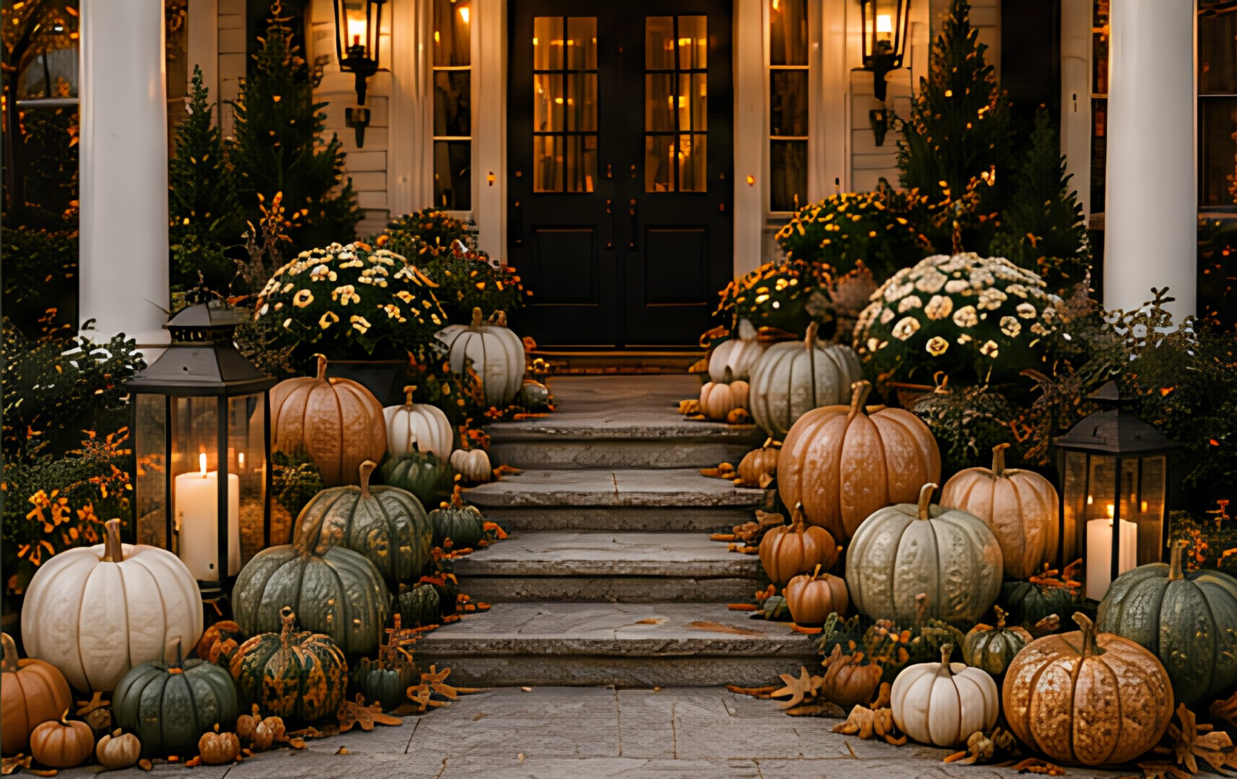 Front porch decorated with pumpkins and mums, lit by candles and lanterns, during fall evening.