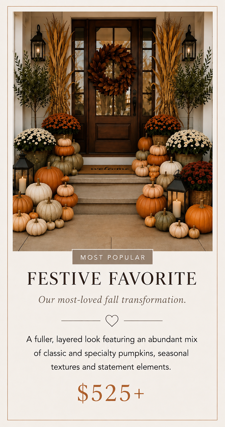 Decorative fall front porch with pumpkins, mums, lanterns, and seasonal wreath at the door, welcoming guests for autumn.