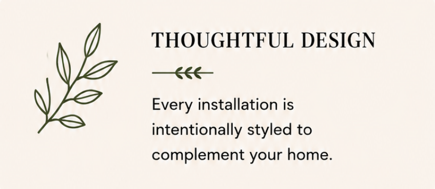 A design card with the title "Thoughtful Design," a green leaf illustration on the left, and text stating, "Every installation is intentionally styled to complement your home."