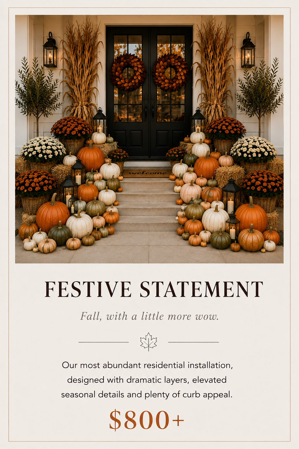 Front porch decorated for fall with dozen of pumpkins, gourds, potted mums, hay bales, lanterns, and wreaths on the black front door.