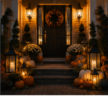 Front door decorated with a fall wreath, surrounded by pumpkins, potted plants, and lanterns with candles, creating a cozy autumn scene