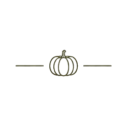 A minimalist drawing of a pumpkin with a small stem, centered between two horizontal lines on a black background.