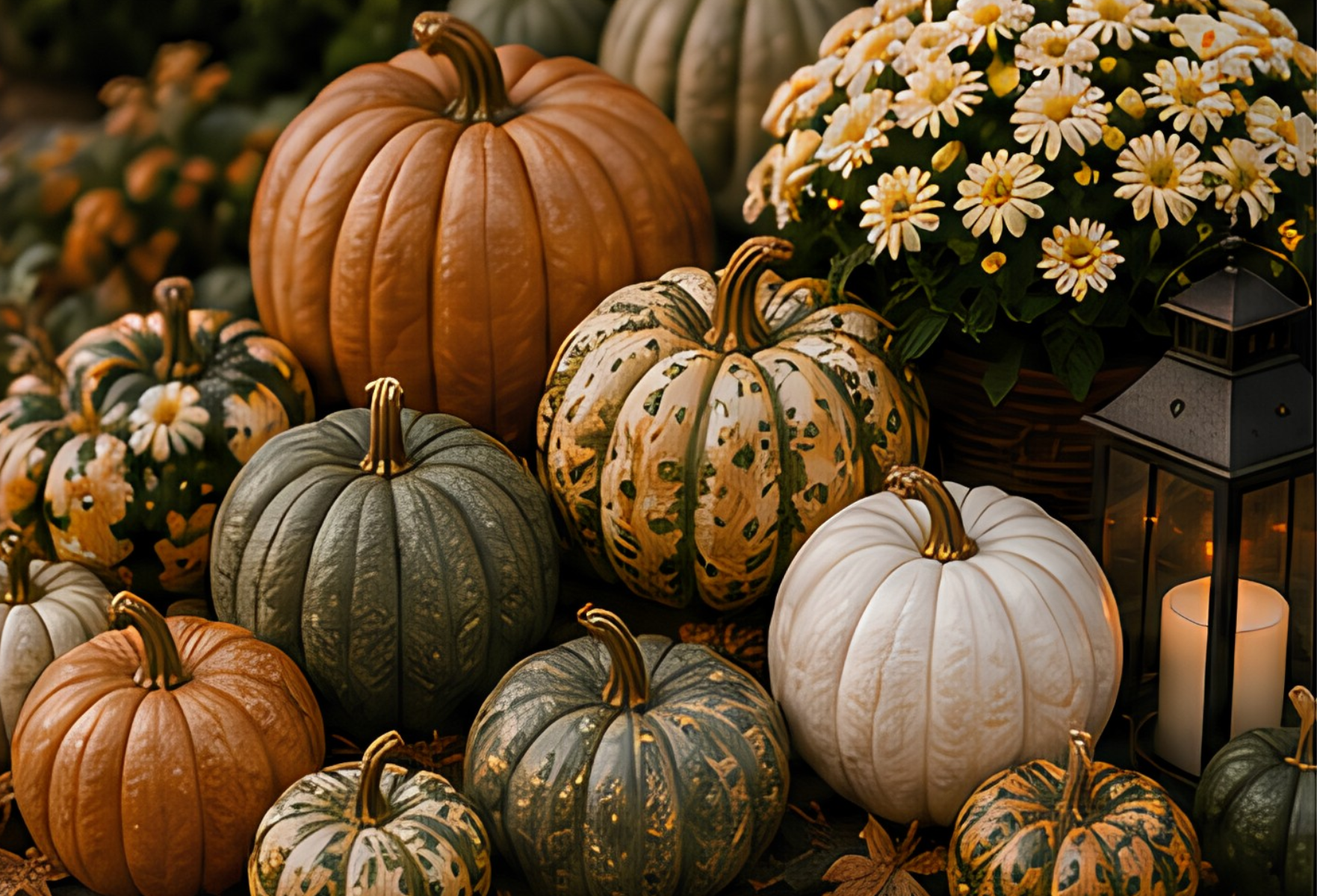 A variety of pumpkins in different colors and sizes with a bouquet of white daisies and a black lantern with a candle inside, all in a fall-themed display.