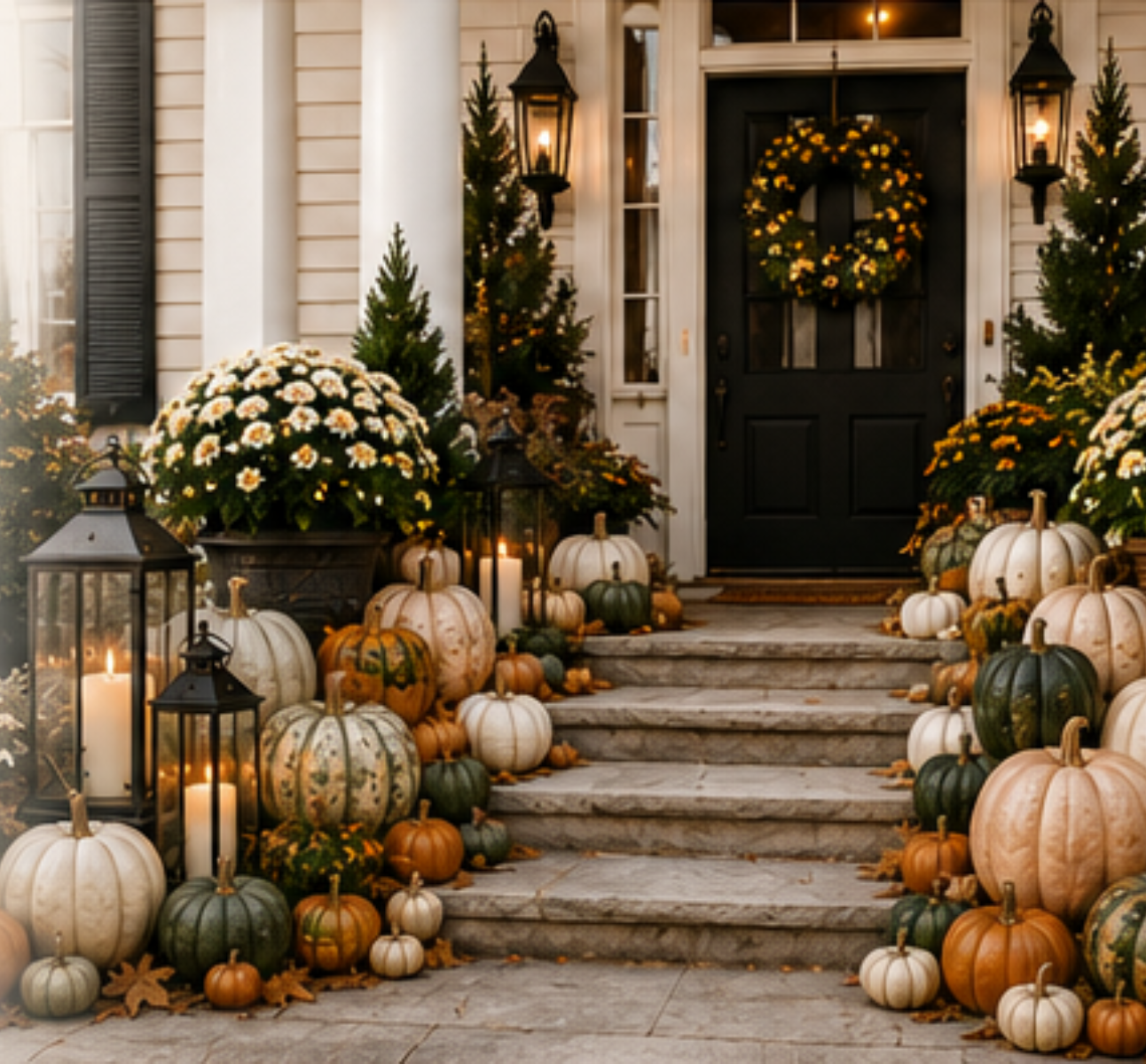 Fall decorated front porch with pumpkins, candles, and a wreath on the door.