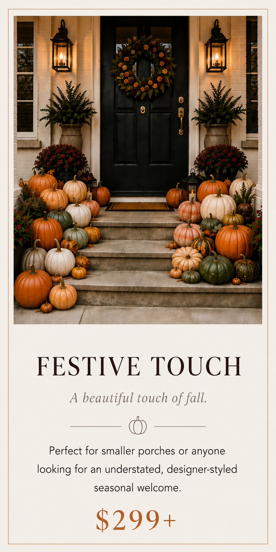 Festive fall decorations at a front porch with a variety of pumpkins, potted plants, lanterns, and a wreath on the door, illuminated by outdoor lanterns.