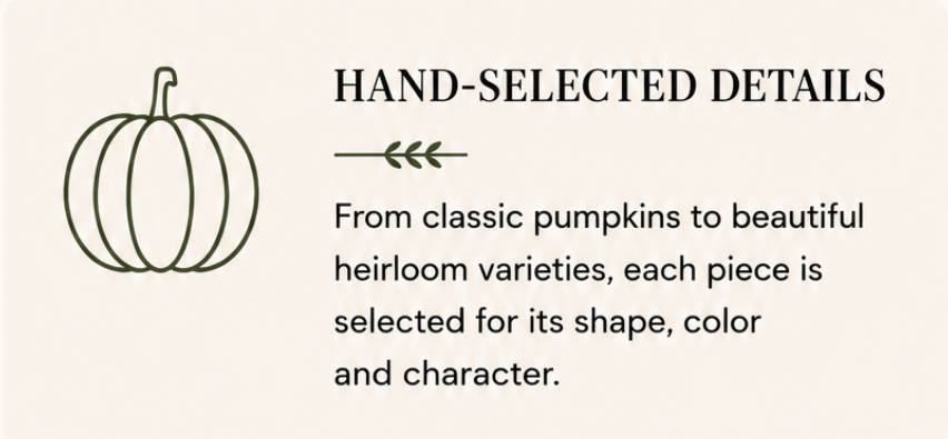 Illustration of a pumpkin and text about hand-selected pumpkin varieties.