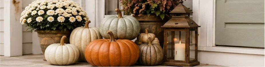 Pumpkins and potted flowers near a lantern with a candle.