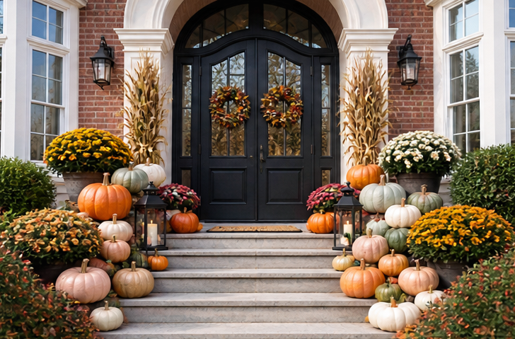 Front porch decorated for fall with pumpkins, gourds, mums, corn stalks, lanterns, and wreaths on black double door with brick house surroundings.