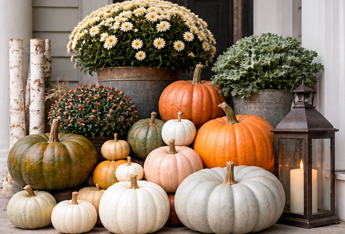 Fall pumpkins and mums arrangement with white, orange, green, and pink pumpkins, potted mums, a lantern with a candle, and birch logs on a porch.