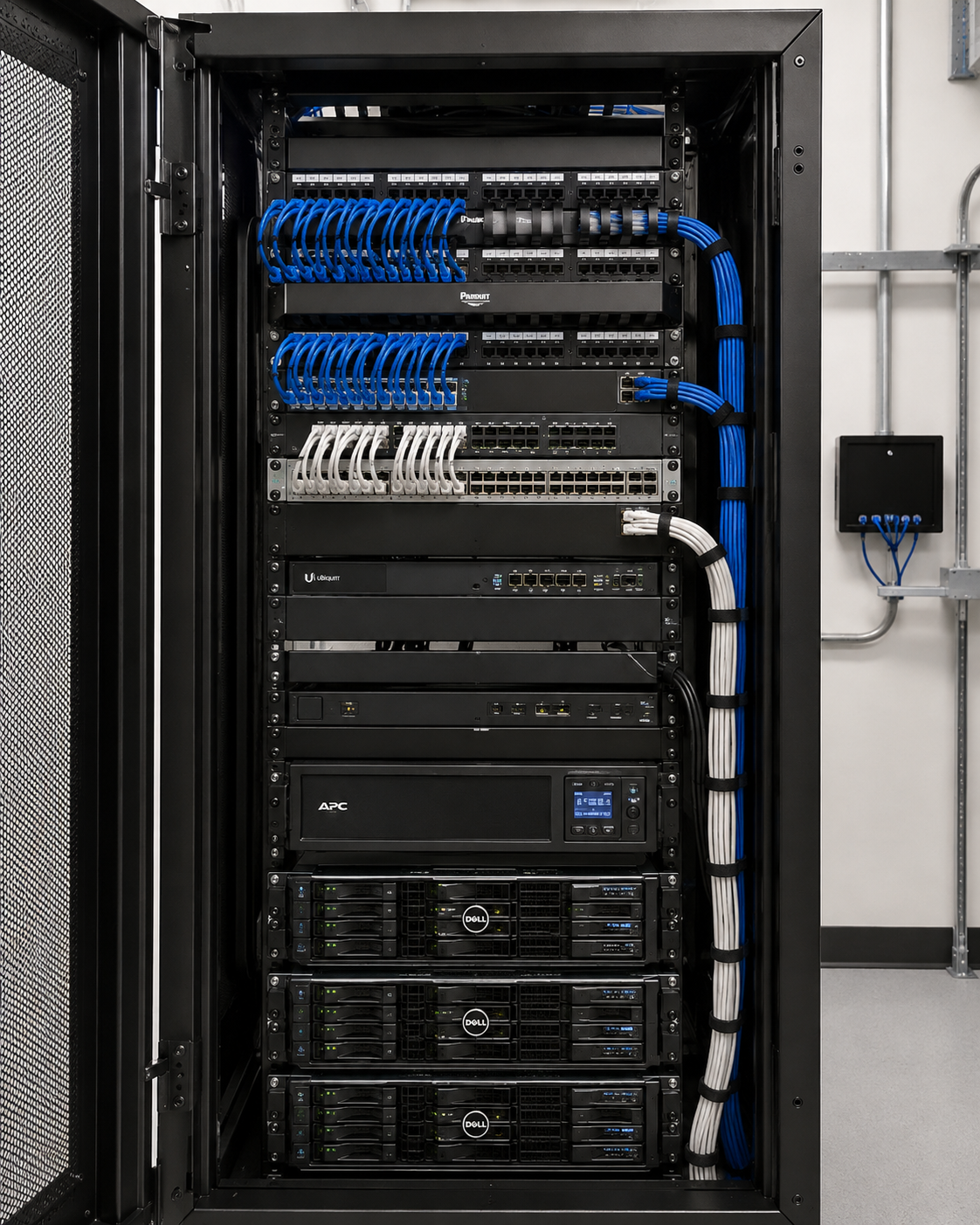A server rack with multiple black servers, network switches, and wiring, including blue and white cables neatly organized within a data center.