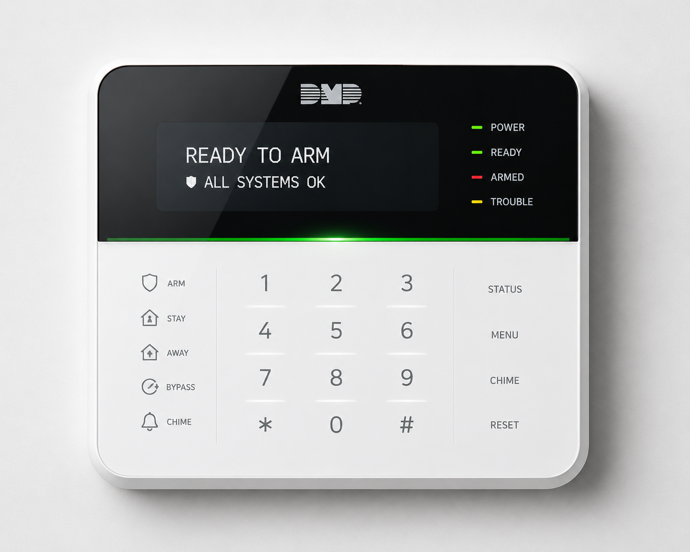 A security alarm control panel displaying a message 'Ready to Arm' with all systems OK. The panel has a numerical keypad, function buttons labeled ARM, STAY, AWAY, BYPASS, CHIME, and status indicator lights for power, ready, armed, and trouble.