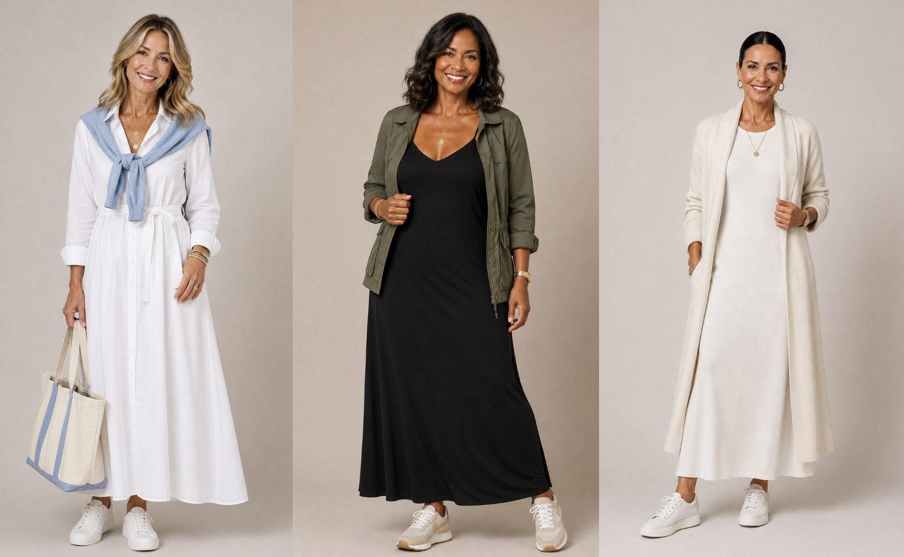 Women in their 50s wearing a dress with sneakers.