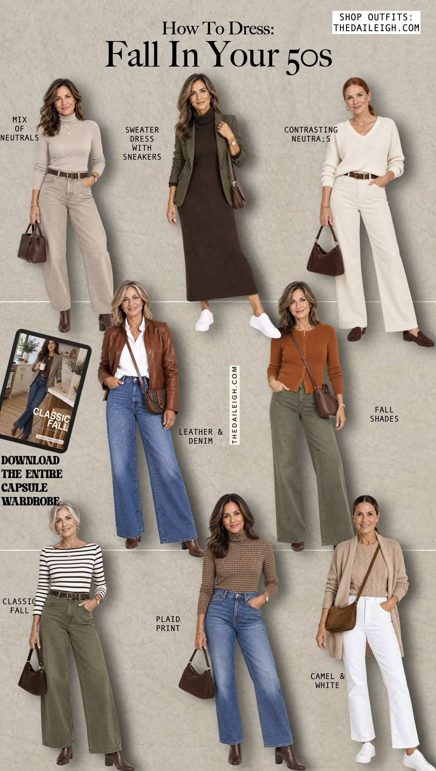 Women in their 50s showing different classic fall outfits.