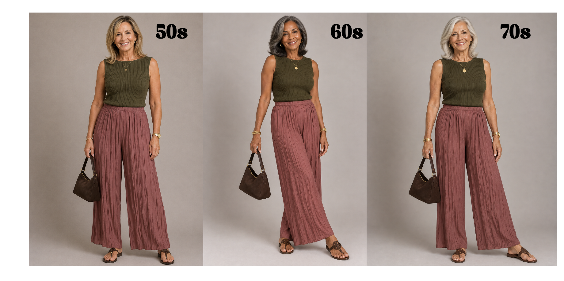Women over 50 showing how to wear wide leg pants in fall.