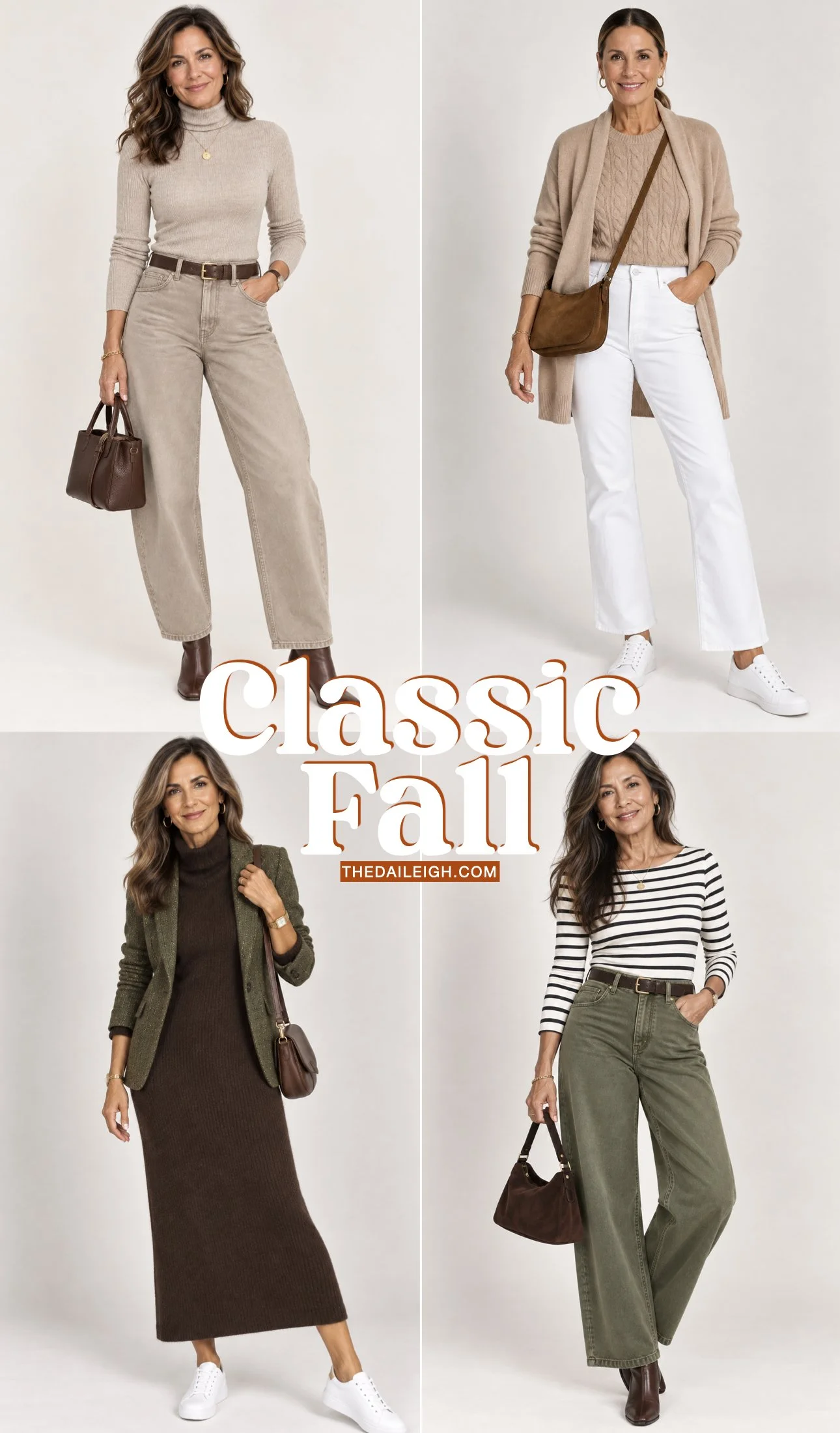 Women in their 50s showing different classic fall outfits.