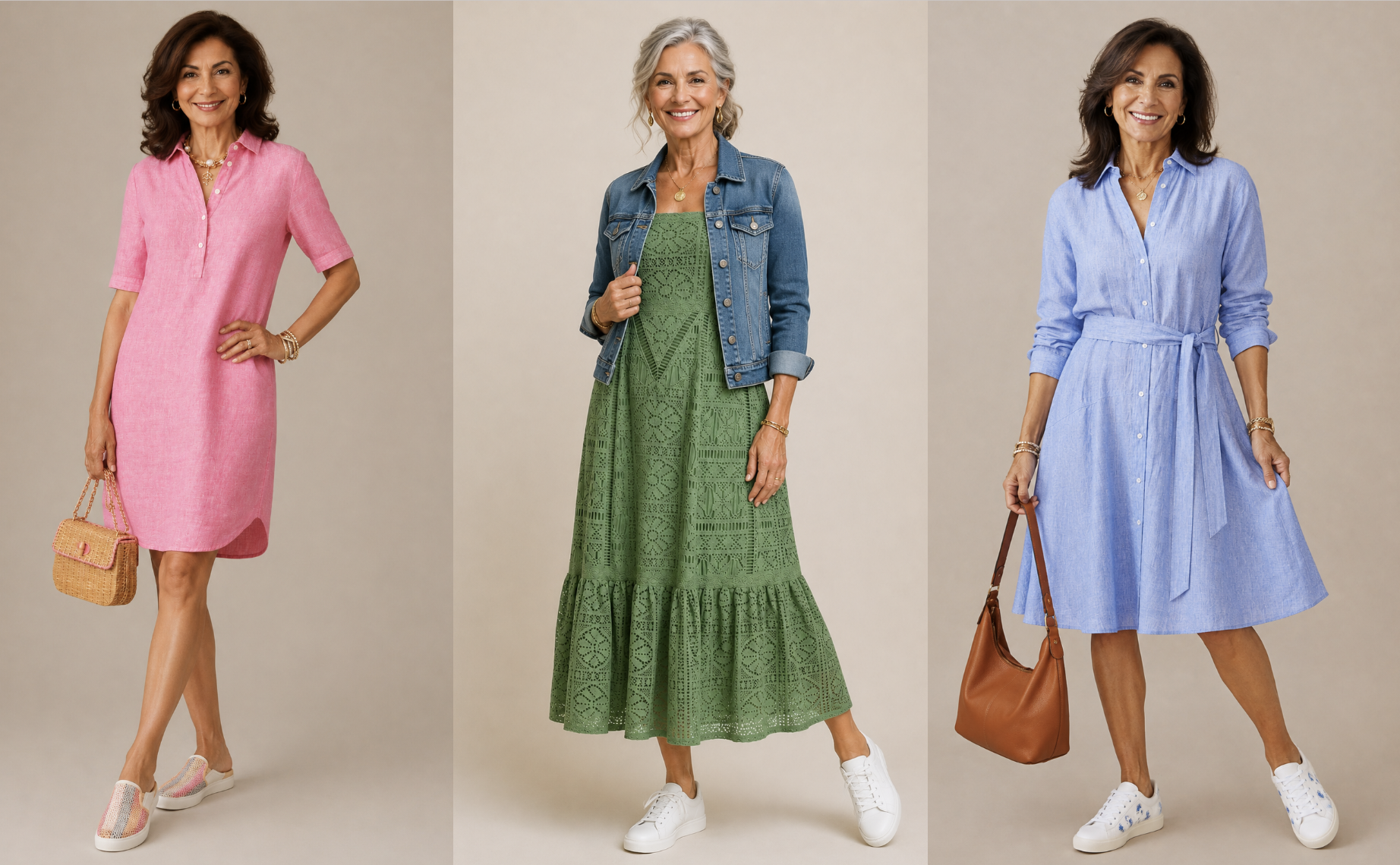 Women in their 60s wearing a dress with sneakers.