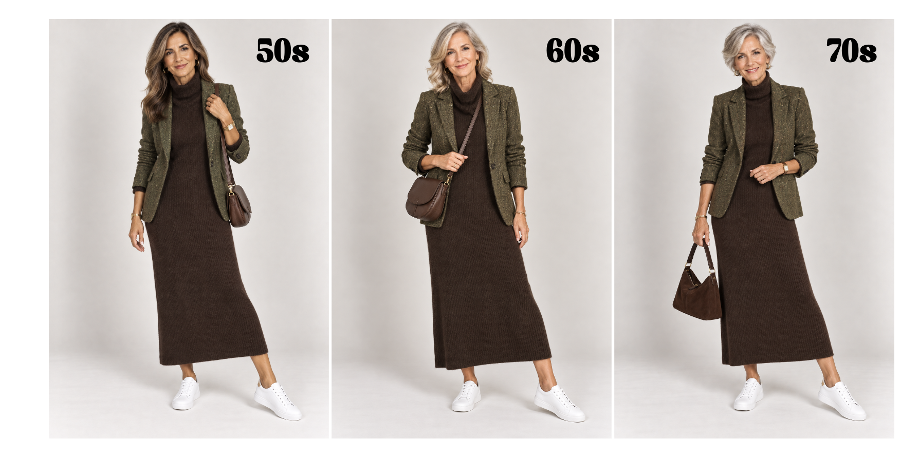 Women over 50 showing how to style a sweater dress with white sneakers and blazer for fall.