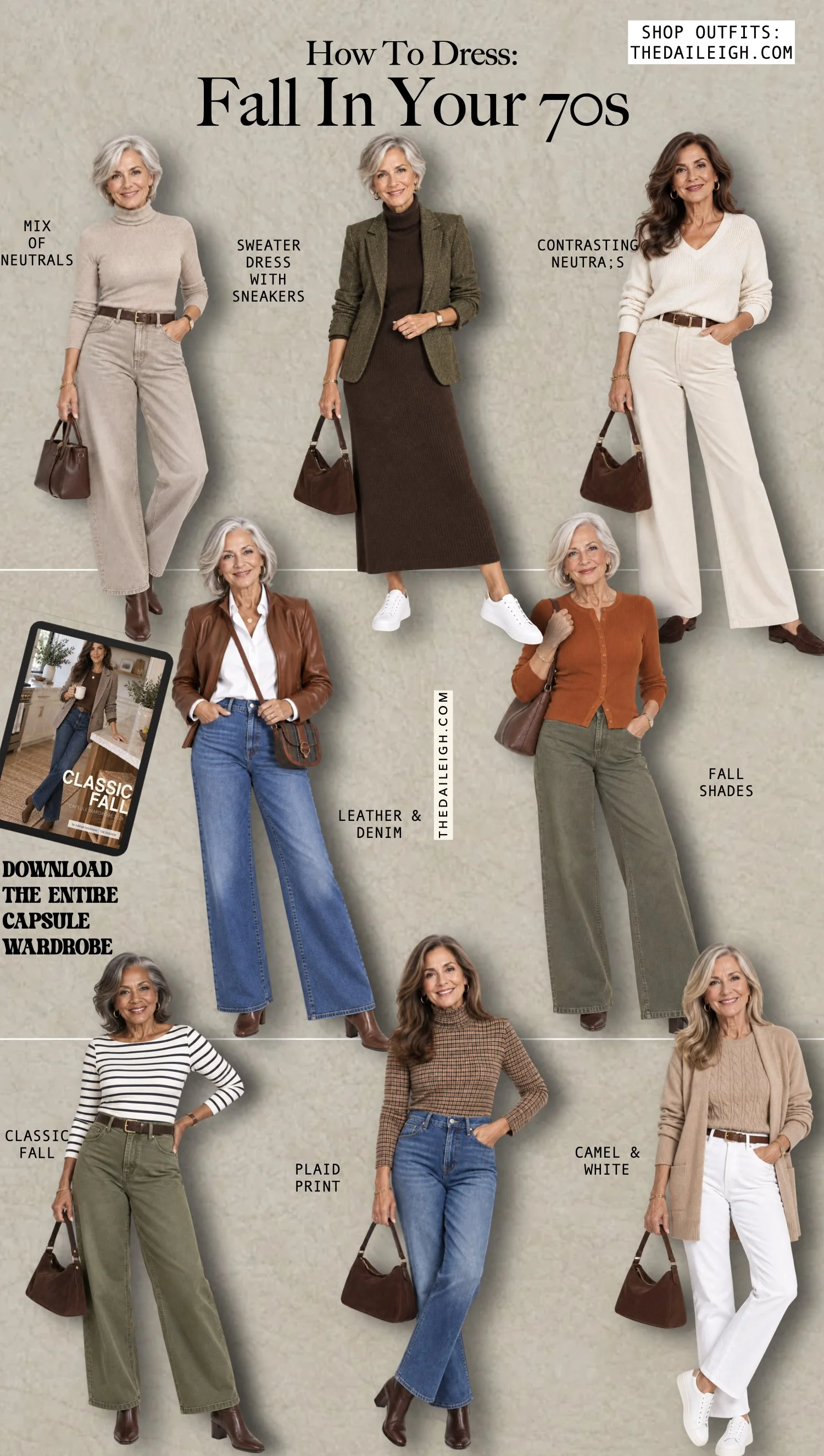 Women in their 70s wearing eight different fall outfits.