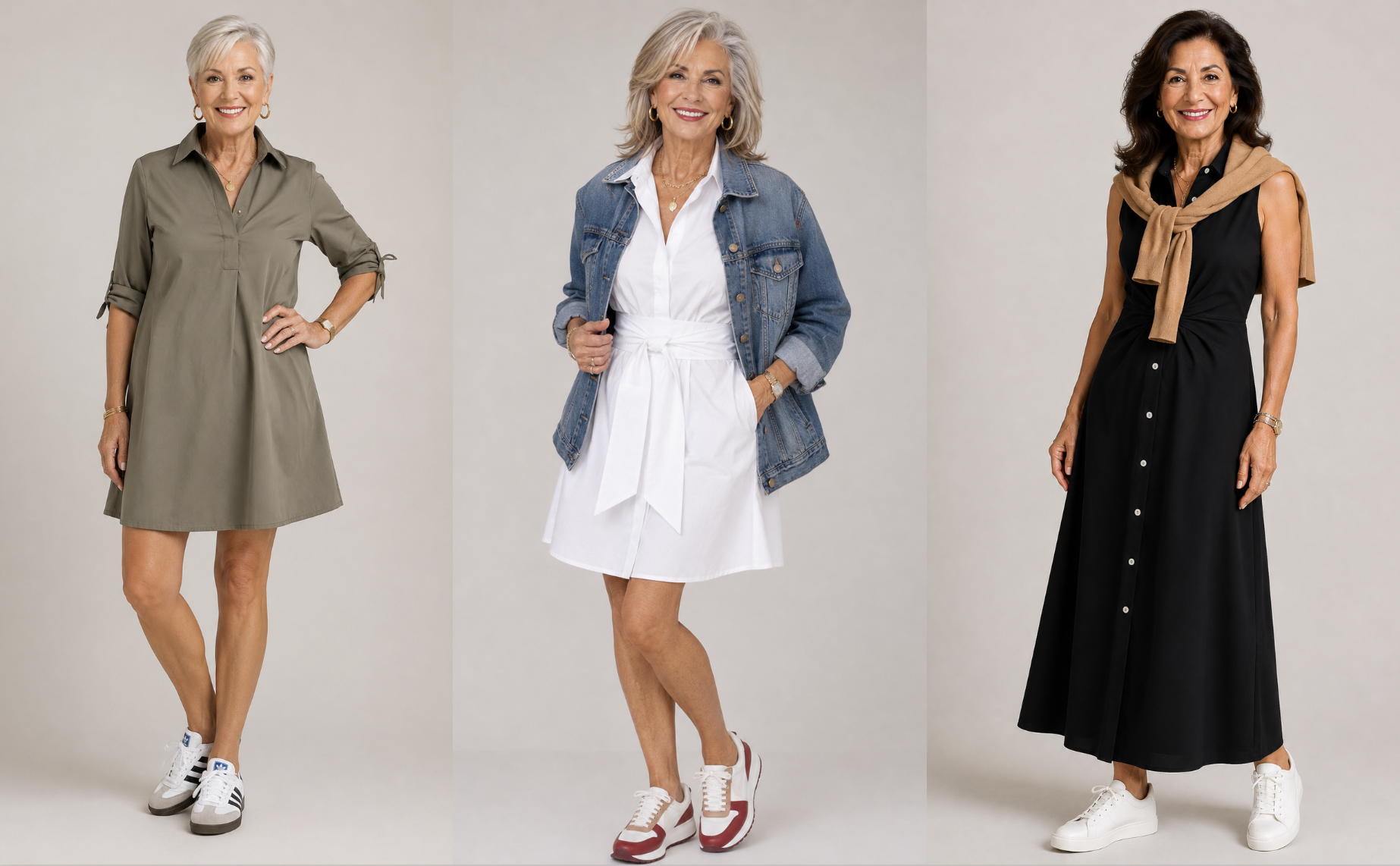 Women in their 70s wearing sneakers with a dress.