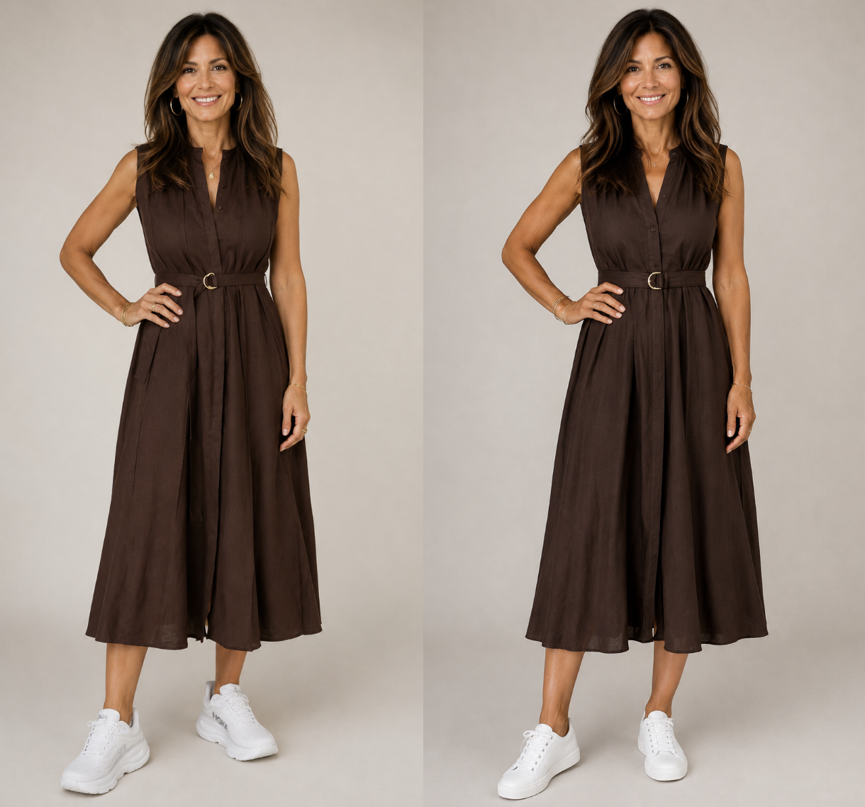 Woman in her 50s wearing a brown dress with sneakers.