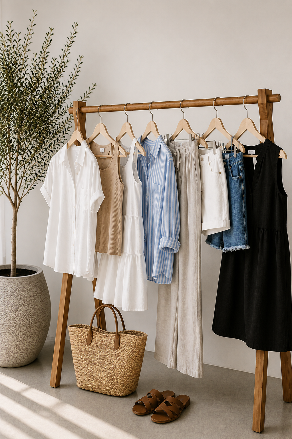 Classic spring and summer clothes hanging on clothing rack.