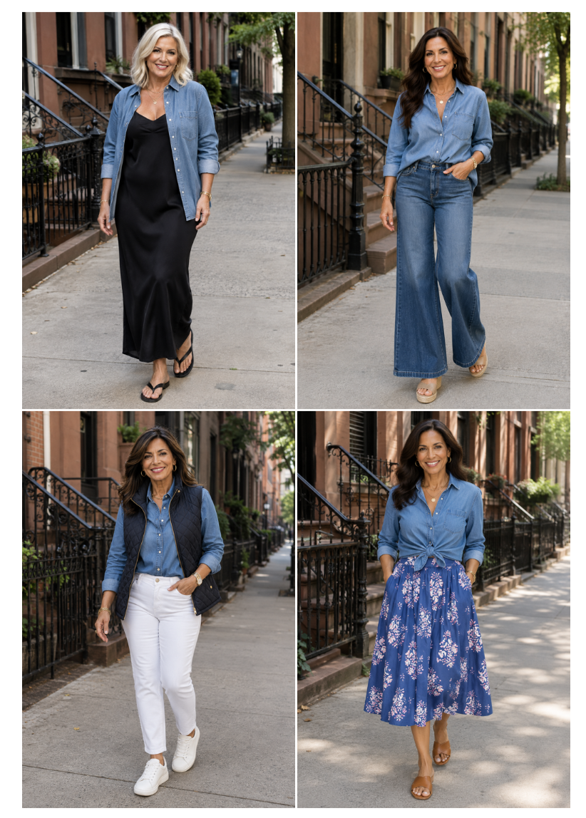 Women over 50 showing how to style a denim shirt.
