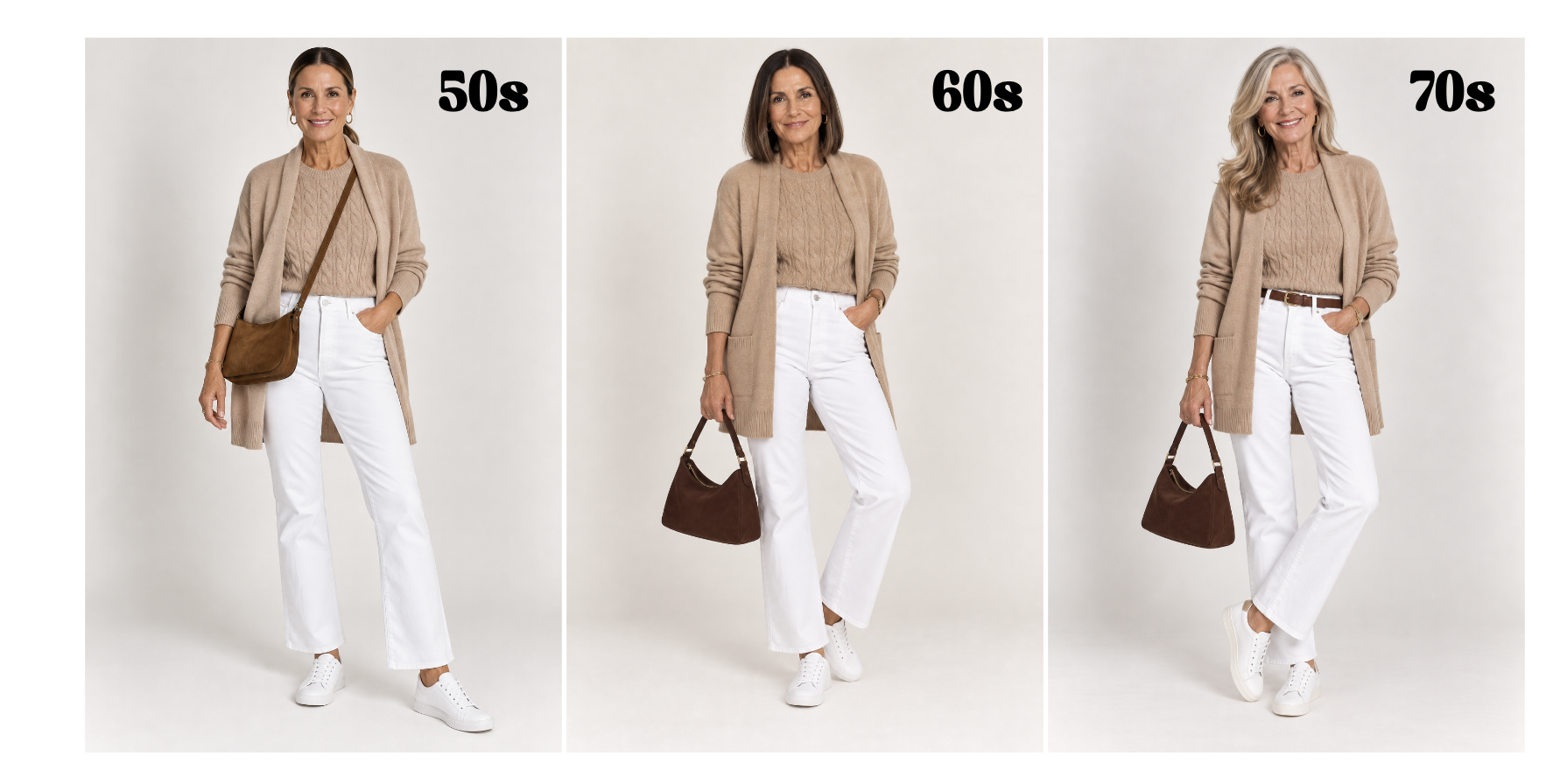 Women over 50 showing how to style a cable knit sweater with a cardigan, white jeans and white sneakers for fall.