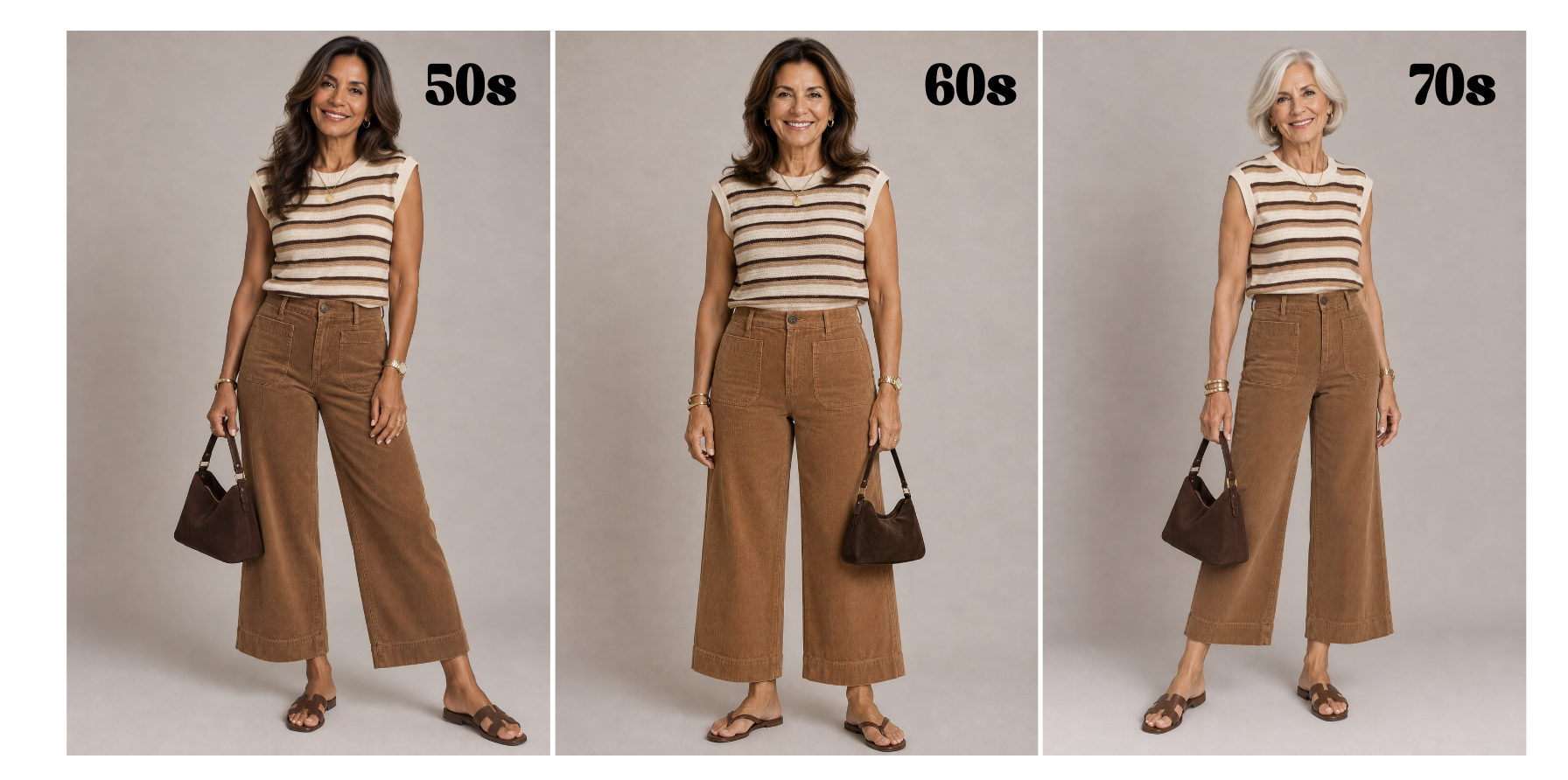 Women over 50 showing how to style corduroy pants in fall when it's still hot outside.