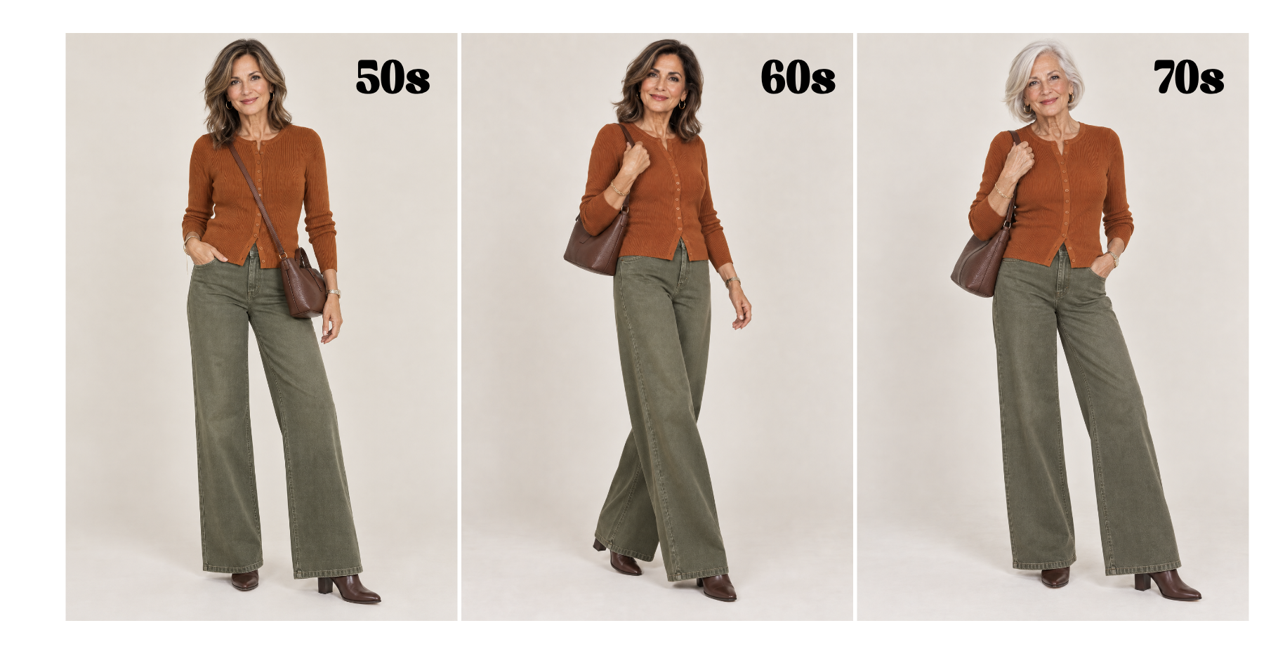 Women over 50 showing how to style wide leg jeans in fall.